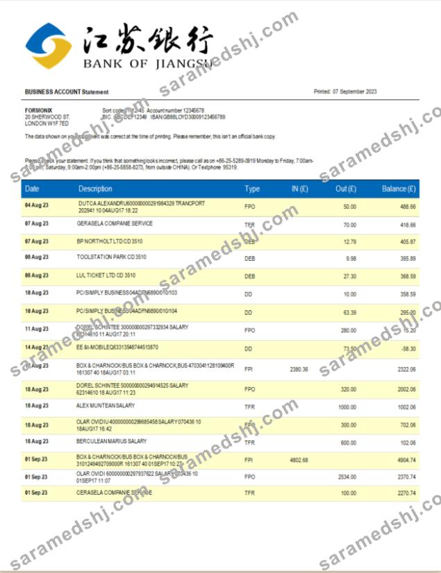Bank of Jiangsu corporate account statement Word and PDF template